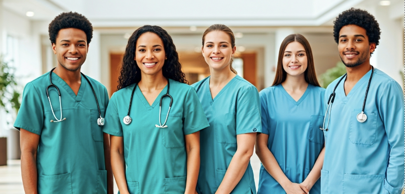 Nurses wearing comfortable scrubs