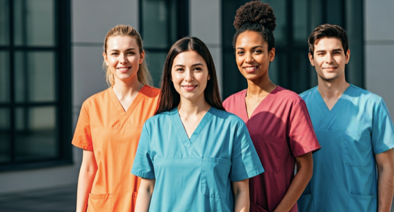 Group of nurses standing together in different color scrubs looking comfortable and cool