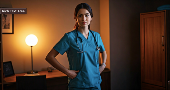Woman in comfy scrubs focused and looking at camera