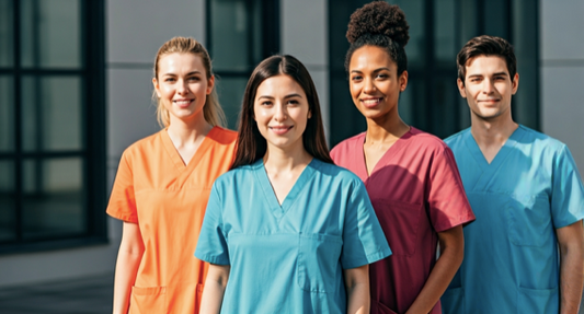 Group of nurses standing together in different color scrubs looking comfortable and cool